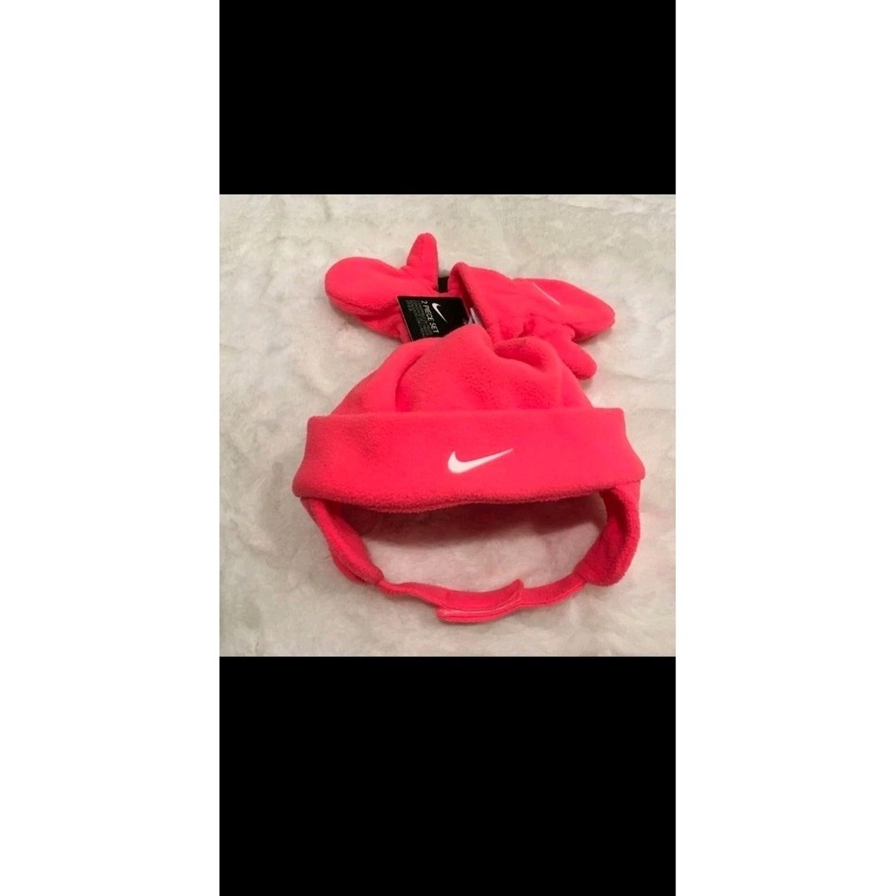 Nike Baby Fleece Hat Chin Strap Mittens 2 Piece Set Hot Pink Infant NWT